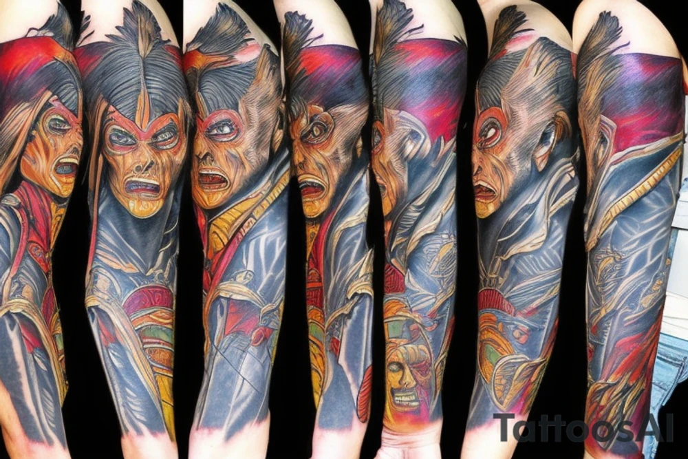 horror pulp noir
mummy, wolfman, full sleeve, colorful tattoo idea