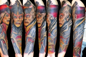 horror pulp noir
mummy, wolfman, full sleeve, colorful tattoo idea