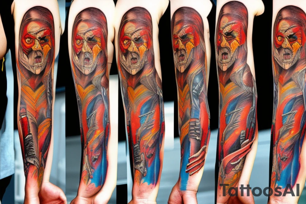 horror pulp noir
mummy, wolfman, full sleeve, colorful tattoo idea