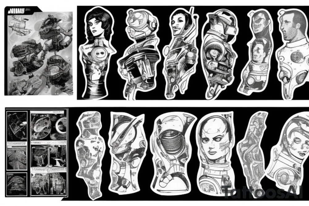 full sleeve, Sci-fi pulp comic cover art style, ray guns, aliens, scene, full sleeve, full color, spaceman, martian, mars attacks, battle, space, colorful tattoo idea