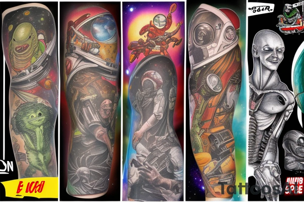 full sleeve, Sci-fi pulp comic cover art style, aliens, scene, full sleeve, full color, spaceman, martian, mars attacks, battle, space, colorful tattoo idea