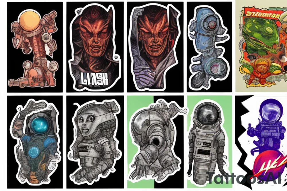 full sleeve, Sci-fi pulp comic cover art style, aliens, scene, full sleeve, full color, spaceman, martian, mars attacks, battle, space, colorful tattoo idea