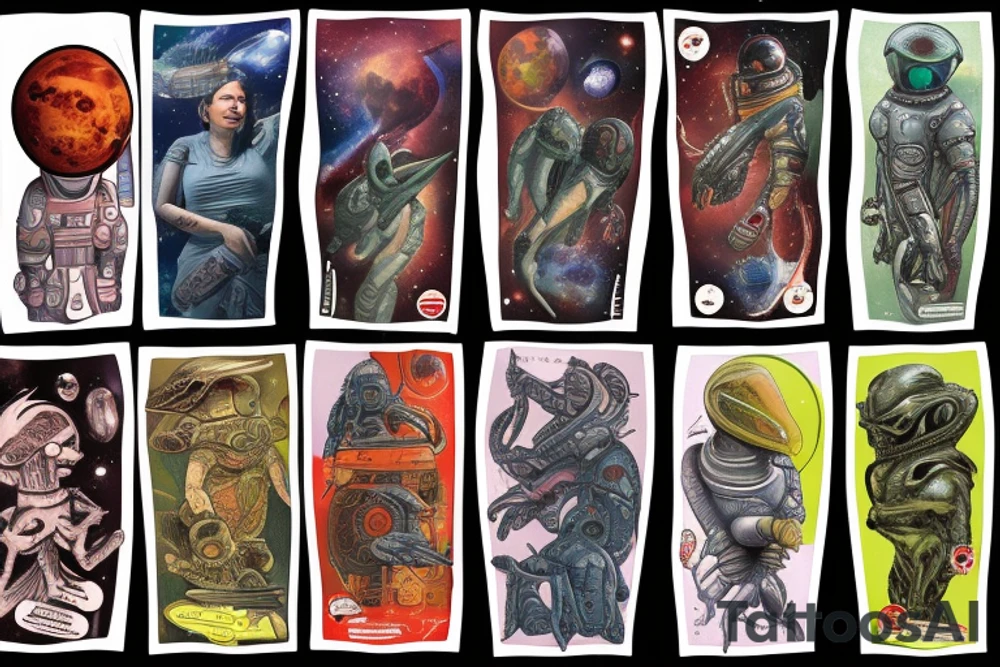full sleeve, Sci-fi pulp comic cover art style, aliens, scene, full sleeve, full color, spaceman, martian, mars attacks, battle, space, colorful tattoo idea