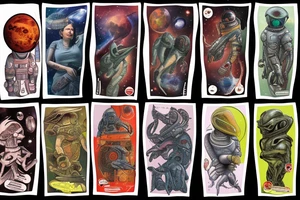 full sleeve, Sci-fi pulp comic cover art style, aliens, scene, full sleeve, full color, spaceman, martian, mars attacks, battle, space, colorful tattoo idea