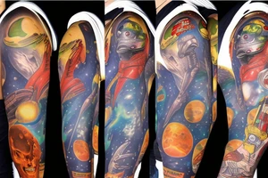 full sleeve, Sci-fi pulp comic cover art style, aliens, scene, full sleeve, full color, spaceman, martian, mars attacks, battle, space, colorful tattoo idea