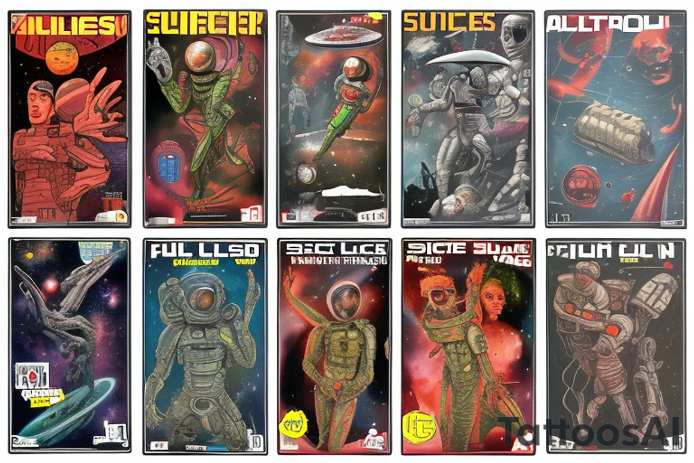 full sleeve, Sci-fi pulp comic cover art style, aliens, scene, full sleeve, full color, spaceman, martian, mars attacks, battle, space, colorful tattoo idea