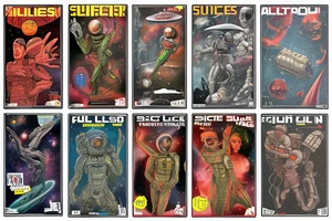 full sleeve, Sci-fi pulp comic cover art style, aliens, scene, full sleeve, full color, spaceman, martian, mars attacks, battle, space, colorful tattoo idea