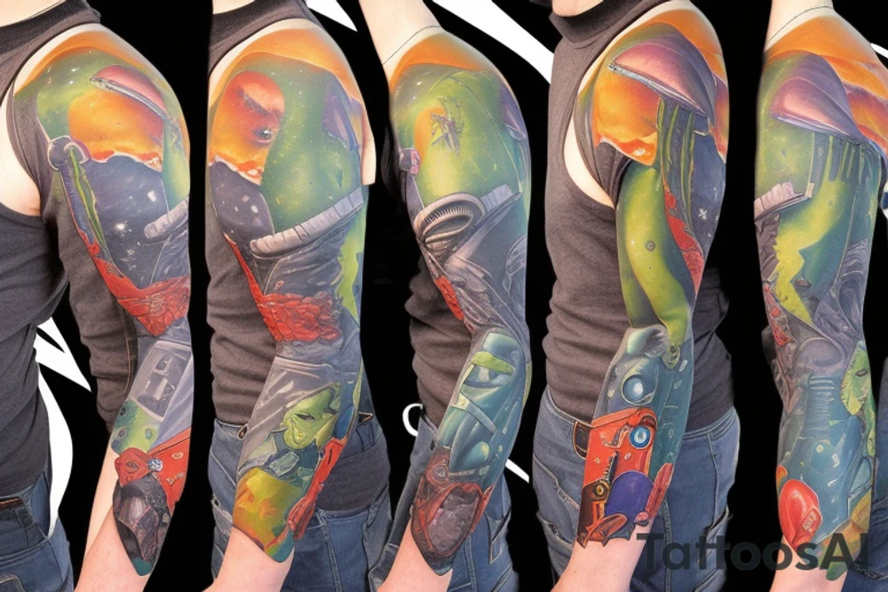 full sleeve, Sci-fi pulp comic cover art style, aliens, scene, full sleeve, full color, spaceman, martian, mars attacks, battle, space, colorful tattoo idea