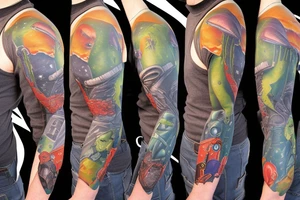 full sleeve, Sci-fi pulp comic cover art style, aliens, scene, full sleeve, full color, spaceman, martian, mars attacks, battle, space, colorful tattoo idea