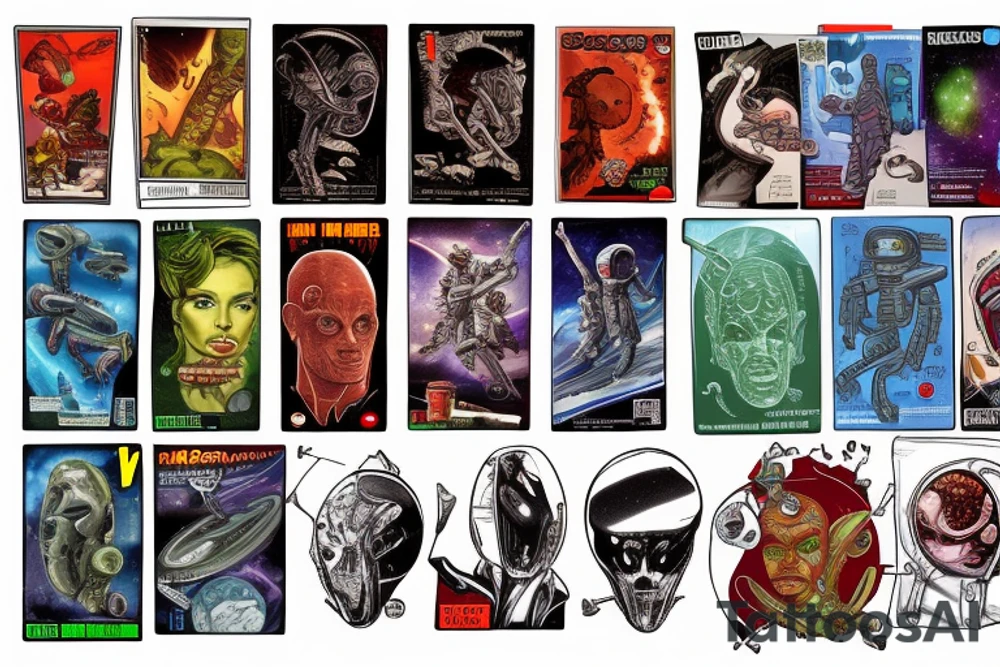 full sleeve, Sci-fi pulp comic cover art style, aliens, scene, full sleeve, full color, spaceman, martian, mars attacks, battle, space, colorful tattoo idea