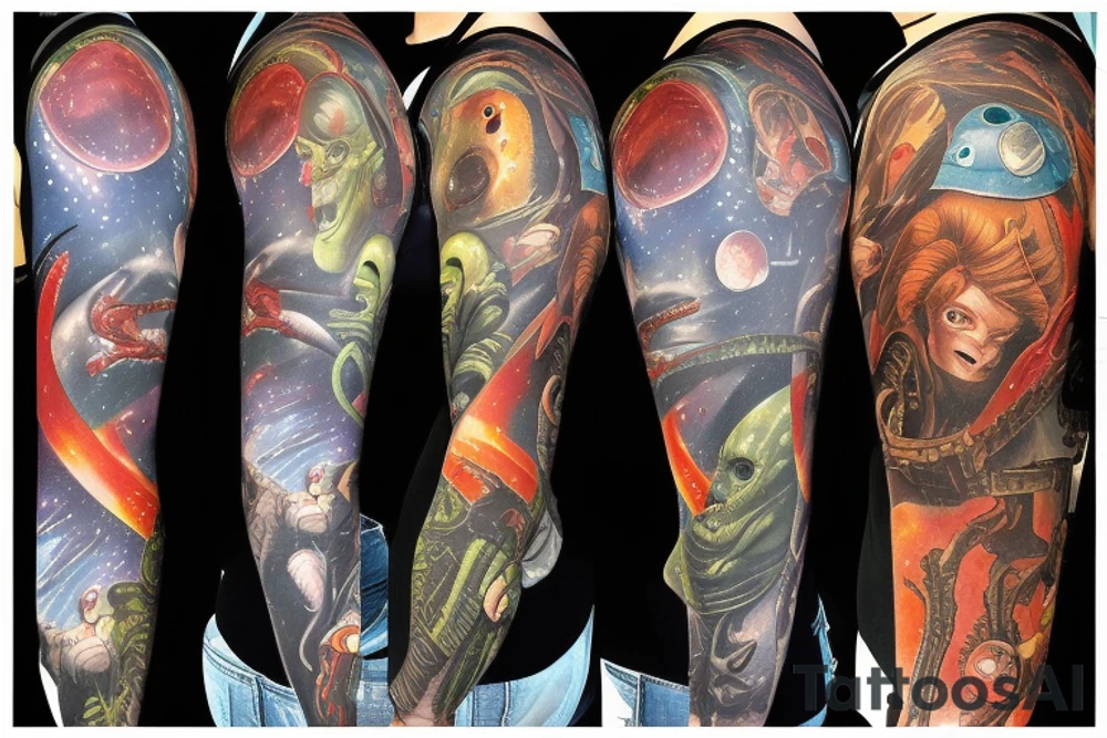 full sleeve, Sci-fi pulp comic cover art style, aliens, scene, full sleeve, full color, spaceman, martian, mars attacks, battle, space, colorful tattoo idea