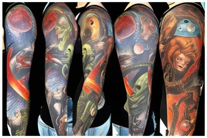 full sleeve, Sci-fi pulp comic cover art style, aliens, scene, full sleeve, full color, spaceman, martian, mars attacks, battle, space, colorful tattoo idea