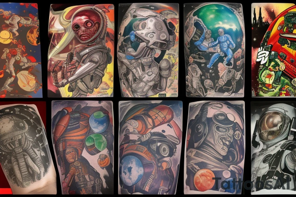 full sleeve, Sci-fi pulp comic cover art style, aliens, scene, full sleeve, full color, spaceman, martian, mars attacks, battle, space, colorful tattoo idea