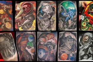 full sleeve, Sci-fi pulp comic cover art style, aliens, scene, full sleeve, full color, spaceman, martian, mars attacks, battle, space, colorful tattoo idea