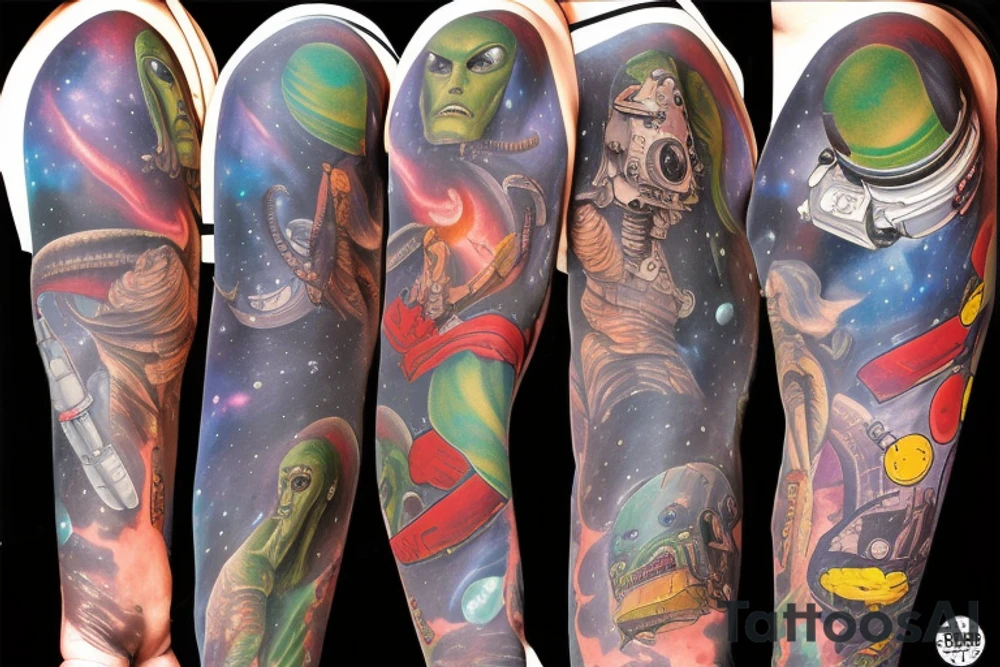 full sleeve, Sci-fi pulp comic cover art style, aliens, scene, full sleeve, full color, spaceman, martian, mars attacks, battle, space, colorful tattoo idea