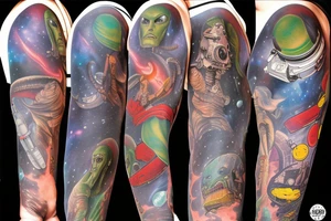 full sleeve, Sci-fi pulp comic cover art style, aliens, scene, full sleeve, full color, spaceman, martian, mars attacks, battle, space, colorful tattoo idea