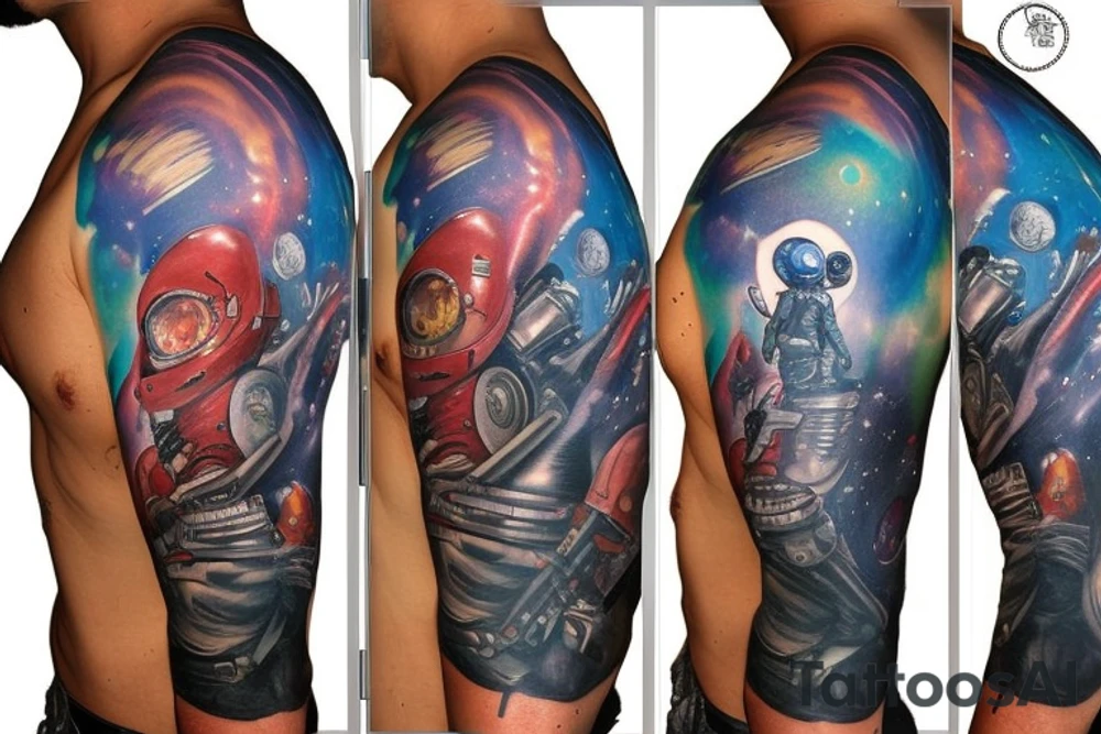 full sleeve, Sci-fi pulp comic cover art style, aliens, scene, full sleeve, full color, spaceman, martian, mars attacks, battle, space, colorful tattoo idea