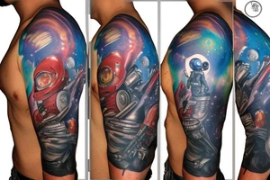 full sleeve, Sci-fi pulp comic cover art style, aliens, scene, full sleeve, full color, spaceman, martian, mars attacks, battle, space, colorful tattoo idea