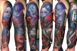 full sleeve, Sci-fi pulp comic cover art style, aliens, scene, full sleeve, full color, spaceman, martian, mars attacks, battle, space, colorful tattoo idea
