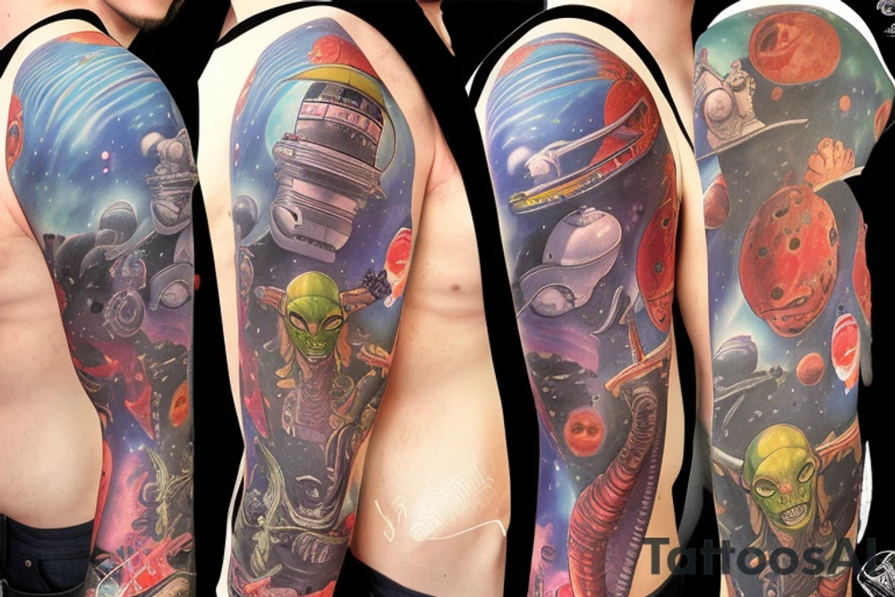 full sleeve, Sci-fi pulp comic cover art style, aliens, scene, full sleeve, full color, spaceman, martian, mars attacks, battle, space, colorful tattoo idea