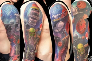 full sleeve, Sci-fi pulp comic cover art style, aliens, scene, full sleeve, full color, spaceman, martian, mars attacks, battle, space, colorful tattoo idea
