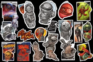 full sleeve, Sci-fi pulp comic cover art style, aliens, scene, full sleeve, full color, spaceman, martian, mars attacks, battle, space, colorful tattoo idea