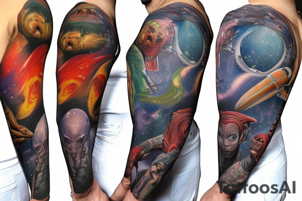 full sleeve, Sci-fi pulp comic cover art style, aliens, scene, full sleeve, full color, spaceman,  mars attacks, battle, space, colorful tattoo idea