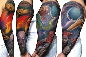full sleeve, Sci-fi pulp comic cover art style, aliens, scene, full sleeve, full color, spaceman,  mars attacks, battle, space, colorful tattoo idea