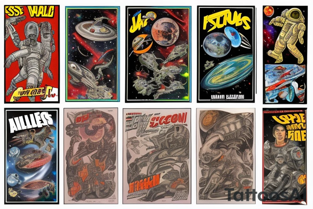 full sleeve, Sci-fi pulp comic cover art style, aliens, scene, full sleeve, full color, spaceman,  mars attacks, battle, space, colorful tattoo idea