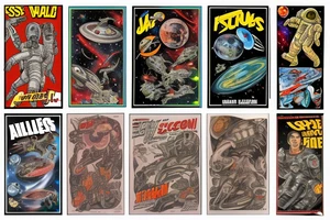 full sleeve, Sci-fi pulp comic cover art style, aliens, scene, full sleeve, full color, spaceman,  mars attacks, battle, space, colorful tattoo idea