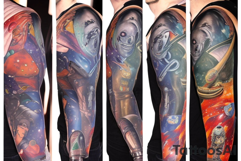 full sleeve, Sci-fi pulp comic cover art style, aliens, scene, full sleeve, full color, spaceman,  mars attacks, battle, space, colorful tattoo idea