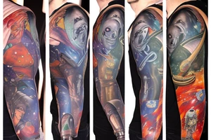 full sleeve, Sci-fi pulp comic cover art style, aliens, scene, full sleeve, full color, spaceman,  mars attacks, battle, space, colorful tattoo idea