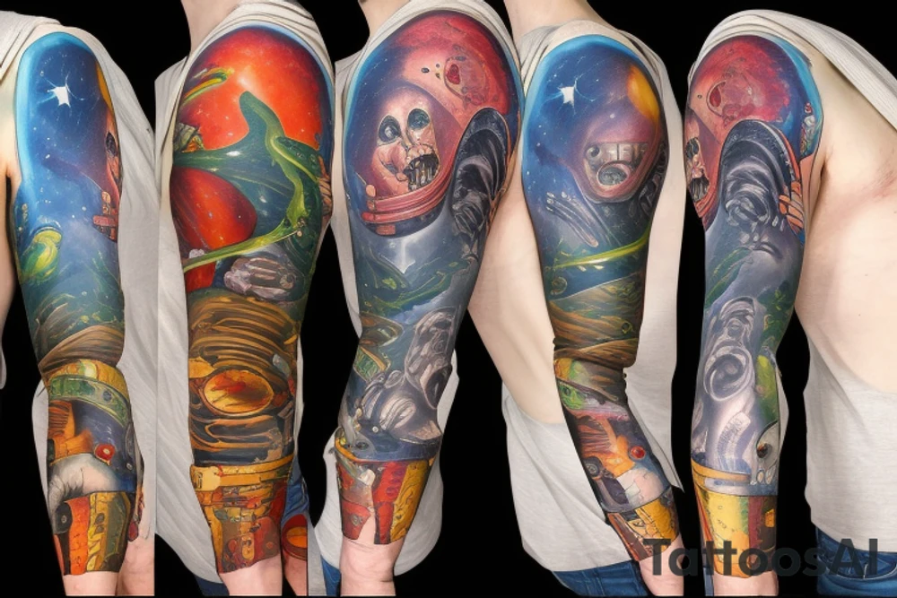 full sleeve, Sci-fi pulp comic cover art style, aliens, scene, full sleeve, full color, spaceman,  mars attacks, battle, space, colorful tattoo idea