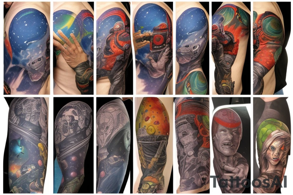 full sleeve, Sci-fi pulp comic cover art style, aliens, scene, full sleeve, full color, spaceman,  mars attacks, battle, space, colorful tattoo idea