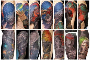 full sleeve, Sci-fi pulp comic cover art style, aliens, scene, full sleeve, full color, spaceman,  mars attacks, battle, space, colorful tattoo idea