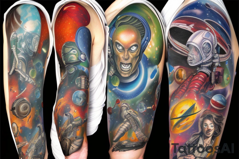 full sleeve, Sci-fi pulp comic cover art style, aliens, scene, full sleeve, full color, spaceman,  mars attacks, battle, space, colorful tattoo idea