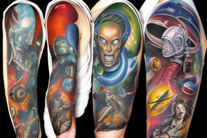 full sleeve, Sci-fi pulp comic cover art style, aliens, scene, full sleeve, full color, spaceman,  mars attacks, battle, space, colorful tattoo idea