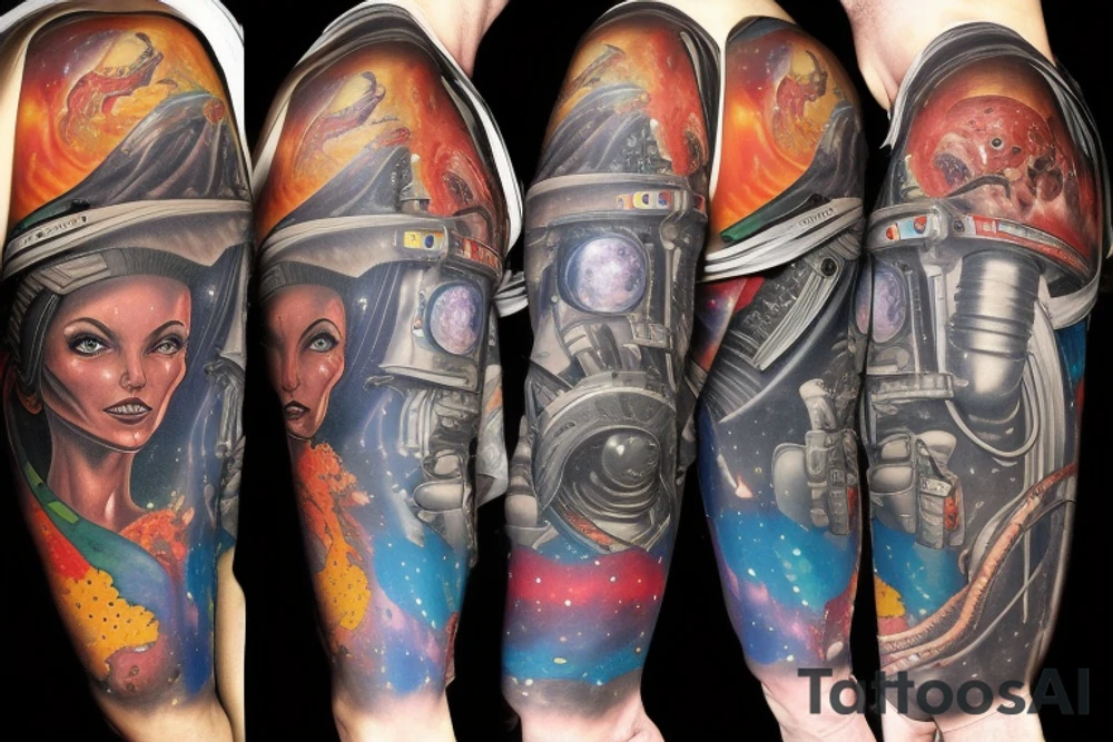 full sleeve, Sci-fi pulp comic cover art style, aliens, scene, full sleeve, full color, spaceman,  mars attacks, battle, space, colorful tattoo idea
