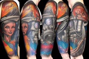 full sleeve, Sci-fi pulp comic cover art style, aliens, scene, full sleeve, full color, spaceman,  mars attacks, battle, space, colorful tattoo idea