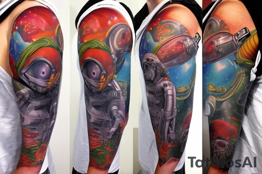 full sleeve, Sci-fi pulp comic cover art style, aliens, scene, full sleeve, full color, spaceman,  mars attacks, battle, space, colorful tattoo idea