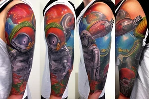 full sleeve, Sci-fi pulp comic cover art style, aliens, scene, full sleeve, full color, spaceman,  mars attacks, battle, space, colorful tattoo idea