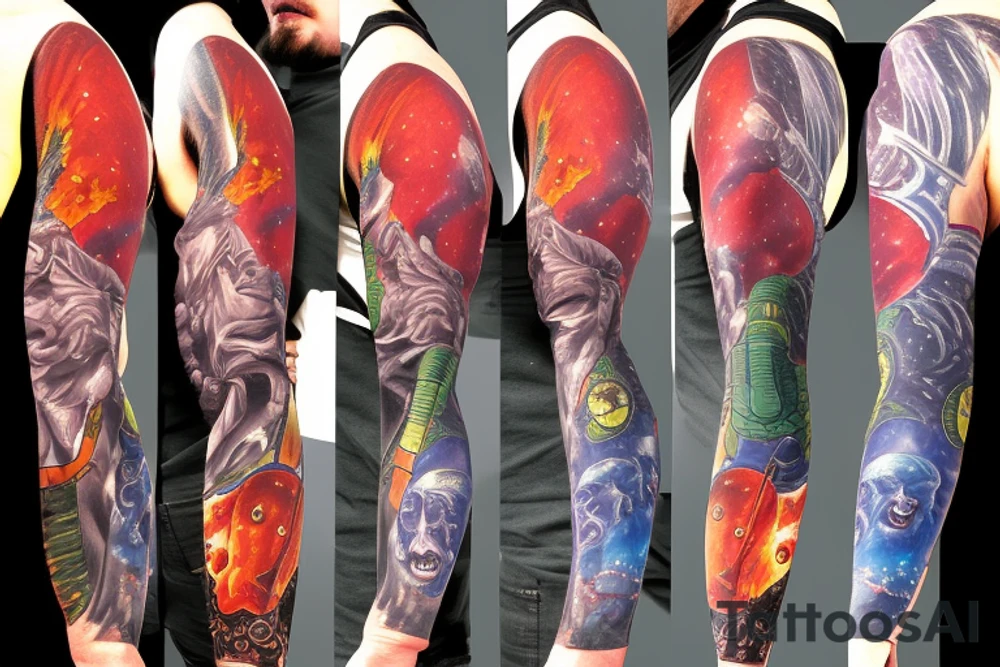 full sleeve, Sci-fi pulp comic cover art style, aliens, scene, full sleeve, full color, spaceman,  mars attacks, battle, space, colorful tattoo idea