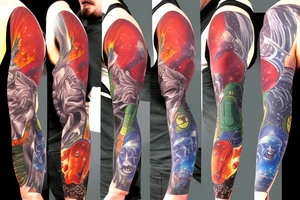full sleeve, Sci-fi pulp comic cover art style, aliens, scene, full sleeve, full color, spaceman,  mars attacks, battle, space, colorful tattoo idea