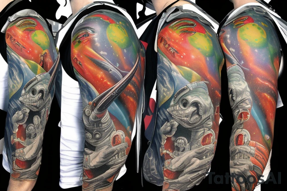 full sleeve, Sci-fi pulp comic cover art style, aliens, scene, full sleeve, full color, spaceman,  mars attacks, battle, space, colorful tattoo idea