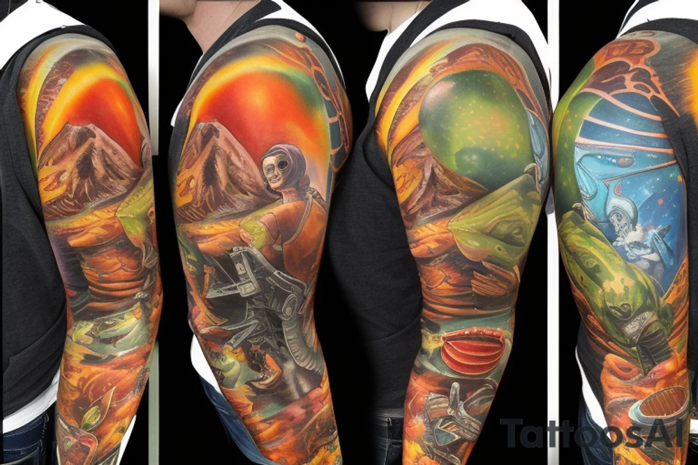full sleeve, Sci-fi pulp comic cover art style, aliens, scene, full sleeve, full color, spaceman,  mars attacks, battle, space, colorful tattoo idea