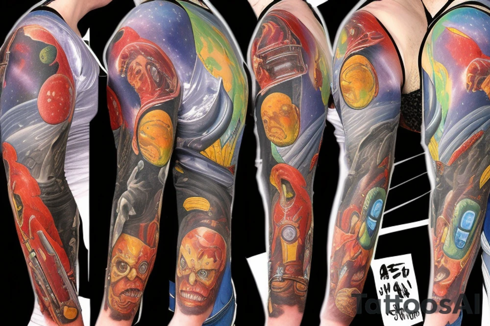 full sleeve, Sci-fi pulp comic cover art style, aliens, scene, full sleeve, full color, spaceman,  mars attacks, battle, space, colorful tattoo idea