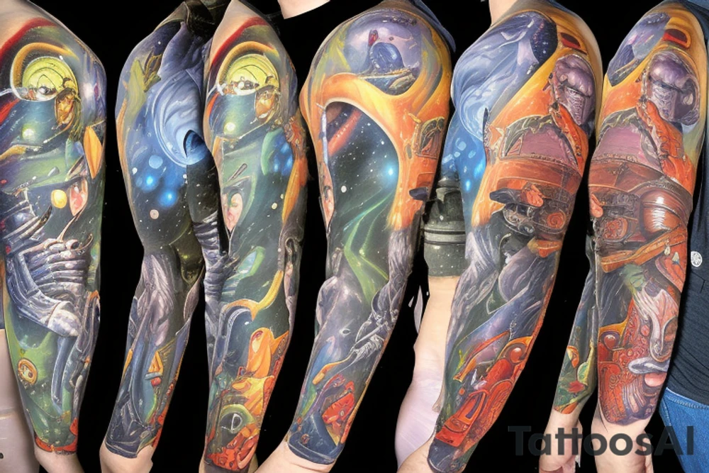 full sleeve, Sci-fi pulp comic cover art style, aliens, scene, full sleeve, full color, spaceman,  mars attacks, battle, space, colorful tattoo idea