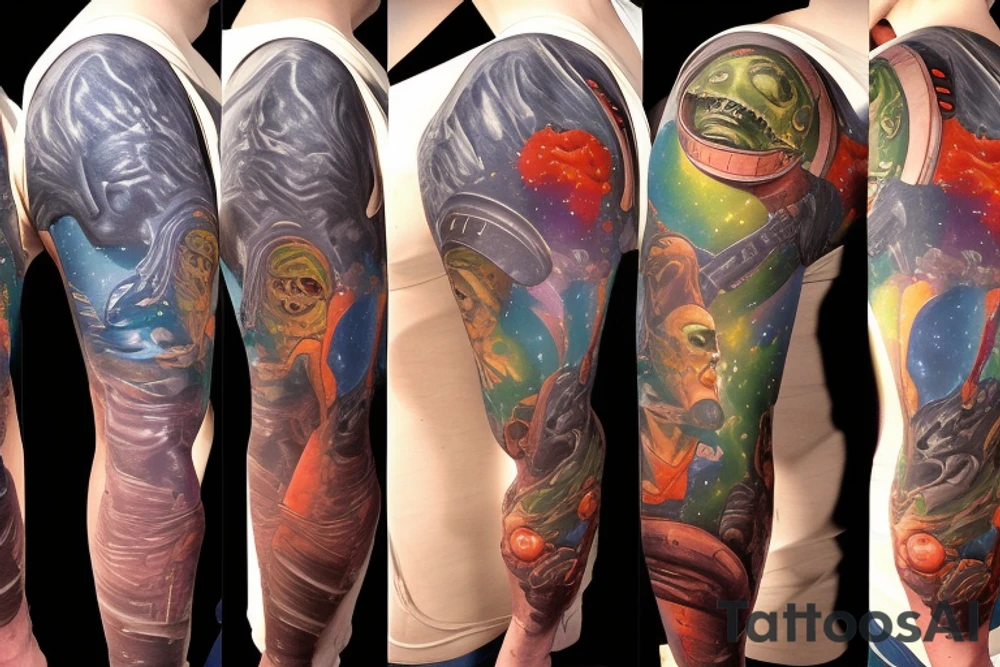 full sleeve, Sci-fi pulp comic cover art style, aliens, scene, full sleeve, full color, spaceman,  mars attacks, battle, space, colorful tattoo idea