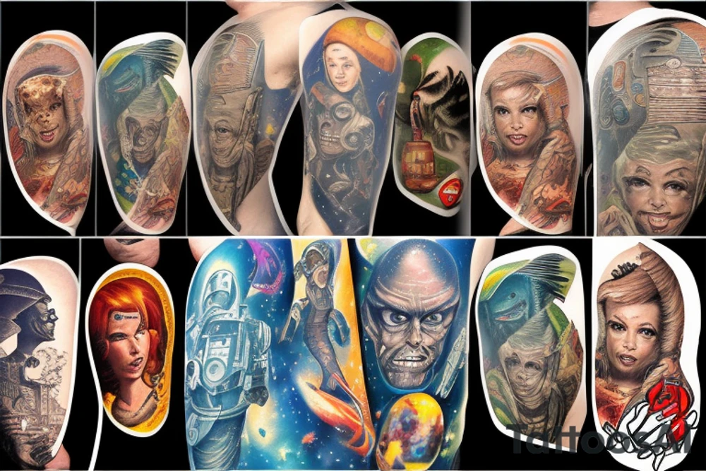 full sleeve, Sci-fi pulp comic cover art style, aliens, scene, full sleeve, full color, spaceman,  mars attacks, battle, space, colorful tattoo idea