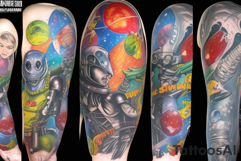 full sleeve, Sci-fi pulp comic cover art style, aliens, scene, full sleeve, full color, spaceman,  mars attacks, battle, space, colorful tattoo idea